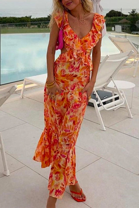 Karleedress V Neck Cut Out Tie Back Printed Ruffle Maxi Dress