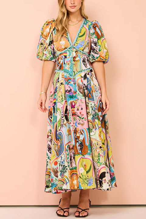 Karleedress V Neck Puff Sleeves Cotton Linen Unique Print Maxi Dress