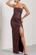 Karleedress Strapless High Slit Faux Leather Bodycon Maxi Dress