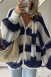 Karleedress Lantern Sleeves Button Down Color Block Stripes Sweater with Scarf