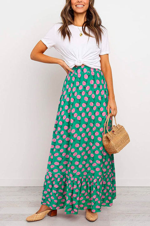 Karleedress High Waist Bohemia Printed Maxi Ruffle Beach Skirt