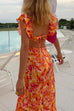 Karleedress V Neck Cut Out Tie Back Printed Ruffle Maxi Dress