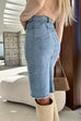 Karleedress Raw Hem Slit Front Knee Length Denim Skirt