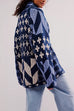 Karleedress Button Down Drawstring Hem Geometric Pattern Sweater Cardigan