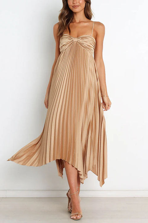 Karleedress Spaghetti Strap Irregular Hem Pleated Swing Midi Dress