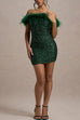 Karleedress Off Shoulder Feather Trim Sequin Mini Party Dress