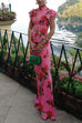 Ruffled Cap Sleeves Rose Print Maxi Cheongsam Dress