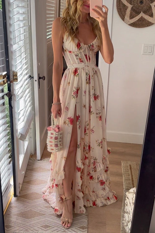 Karleedress Spaghetti Strap Ruffle Layered Slit Dainty Floral Maxi Dress