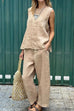 Karleedress Casual Sleeveless Pullover Top Wide Leg Pants Cotton Linen Set