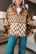 Karleedress Button Down Drawstring Hem Geometric Pattern Sweater Cardigan