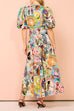 Karleedress V Neck Puff Sleeves Cotton Linen Unique Print Maxi Dress