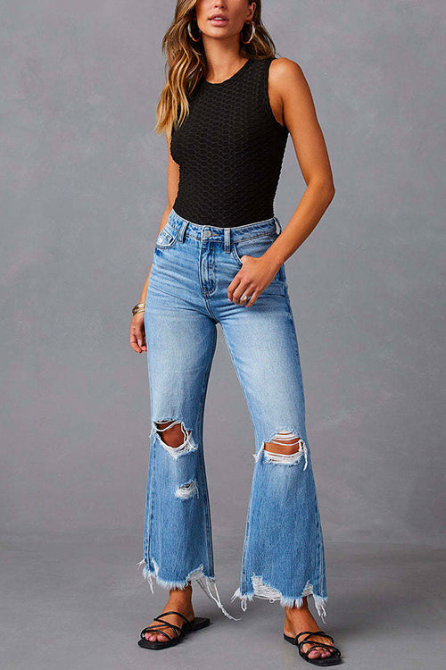 Karleedress Raw Hem Ripped Flare Bottoms Denim Pants