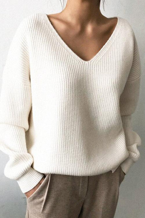 Karleedress Solid V Neck Irregular Hem Knit Pullovers