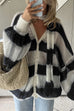 Karleedress Lantern Sleeves Button Down Color Block Stripes Sweater with Scarf