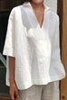 Karleedress Lapel V Neck Half Sleeve Solid Cotton Linen Shirt