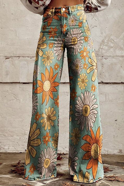 Karleedress Vintage Floral Print Wide Leg Pants