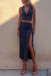 Karleedress Deep V Neck Sleeveless Crop Top Drawstring Side Split Skirt Set