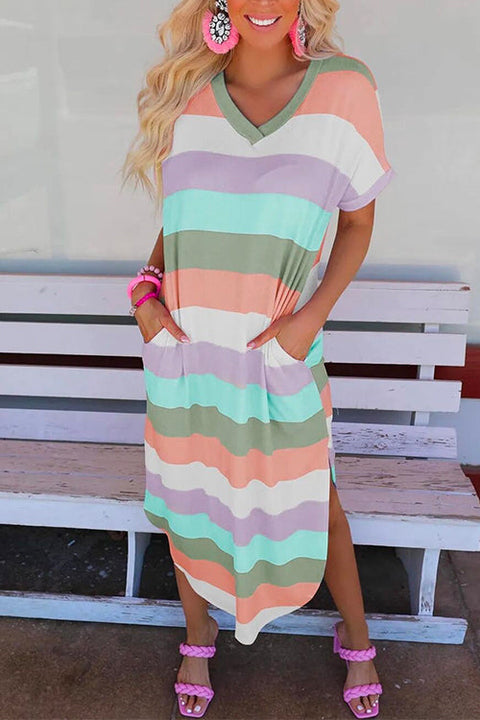 Karleedress Curve Hem Side Split Rainbow Stripes Midi Dress