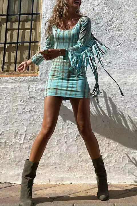 Karleedress Tie Dye Long Sleeves Tassle Mini Dress