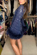 Karleedress Stand Collar Feather Trim Sequin Mini Party Dress