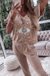 Karleedress Sequin Pattern V Neck Short Sleeve Top with Pocketed Pants Casual Set