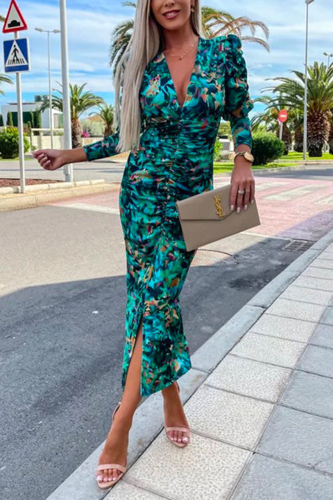 Karleedress Deep V Neck Long Sleeve Ruched Slit Printed Bodycon Dress