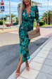 Karleedress Deep V Neck Long Sleeve Ruched Slit Printed Bodycon Dress