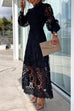 Karleedress Mockneck Puff Sleeves Lace Hollow Out Mid Dress