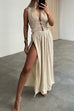 Karleedress Deep V Neck Cut Out High Slit Cotton Linen Maxi Beach Dress