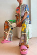 Karleedress Rolled Up Short Sleeves Shirt Wide Leg Pants Graffiti Printed Set