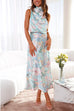 Karleedress Irregular Tie Neck Waisted Floral Printed Maxi Satin Dress