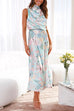 Karleedress Irregular Tie Neck Waisted Floral Printed Maxi Satin Dress