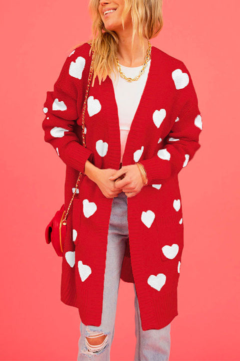 Karleedress Open Front Pocketed Valentines Date Heart Print Cardigan