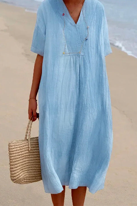 Karleedress V Neck Short Sleeve Baggy Cotton Linen Midi Dress