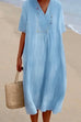 Karleedress V Neck Short Sleeve Baggy Cotton Linen Midi Dress