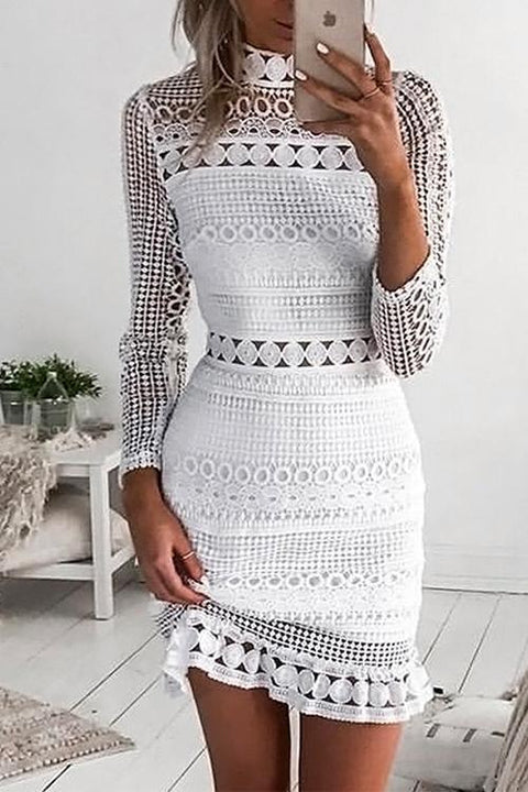 Karleedress Mockneck Back Zipper Lace Splice Hollow Out Dress