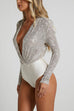 Karleedress Wrap Deep V Neck Long Sleeves Sequin Bodysuit