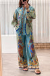 Karleedress Birds Printed Puff Long Sleeves Blouse Shirt Wide Leg Pants Vacation Set