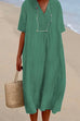 Karleedress V Neck Short Sleeve Baggy Cotton Linen Midi Dress