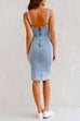 Karleedress Adjustable Straps U Neck Slit Denim Bodycon Cami Dress