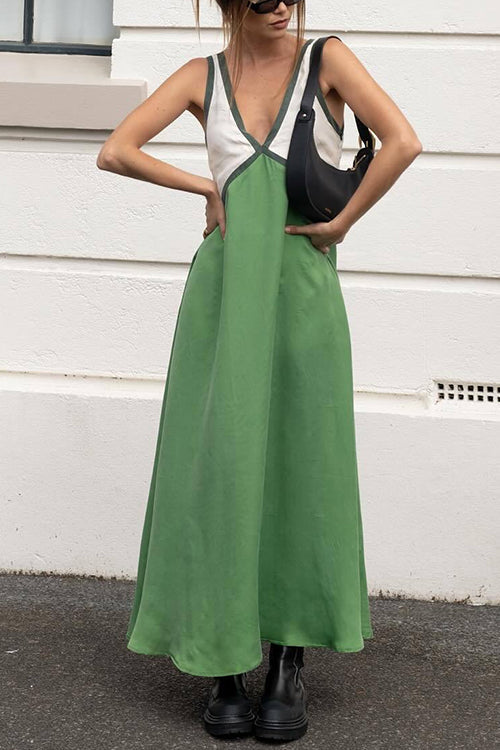 Karleedress V Neck Color Block Sleeveless Maxi Swing Dress