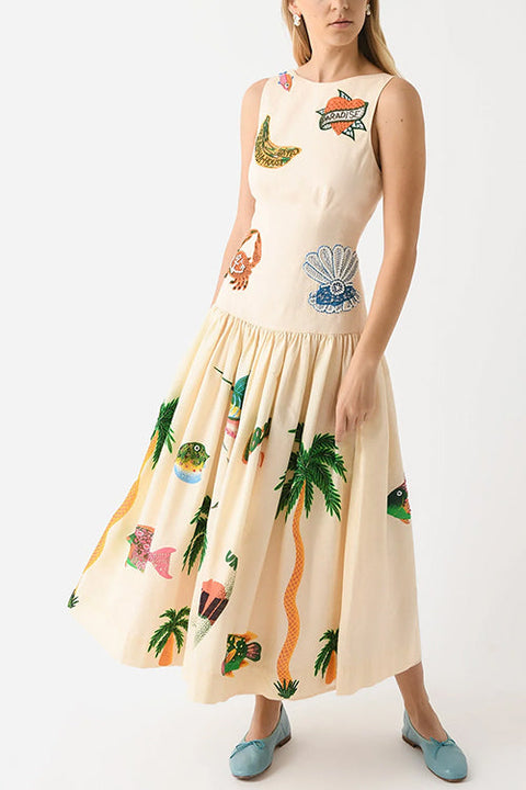 Karleedress Sleeveless Tropic Print Open Back Ruffle Maxi Dress