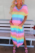 Karleedress Curve Hem Side Split Rainbow Stripes Midi Dress