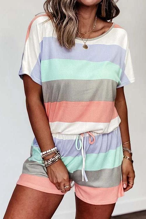 Karleedress Crewneck Color Block Striped Drawstring Romper