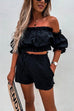 Karleedress Ruffle Off Shoulder Short Sleeves Crop Top Elastic Waist Shorts Set