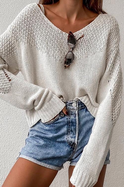 Karleedress Drop Shoulder Crochet Knit Sweater