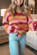 Karleedress V Neck Rainbow Striped Casual Pullover Sweater