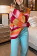 Karleedress V Neck Rainbow Striped Casual Pullover Sweater