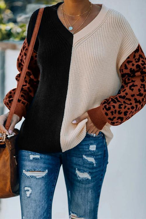 Karleedress V Neck Leopard Splice Color Block Cozy Sweater