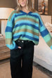 Karleedress V Neck Rainbow Striped Casual Pullover Sweater